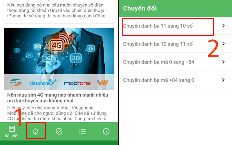 Chọn Chuyển đổi danh bạ 11 sang 10 số